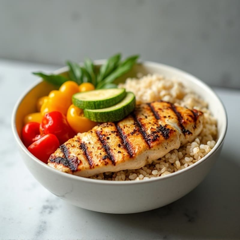 Grilled Chicken and Rice Bowl with Roasted Vegetables