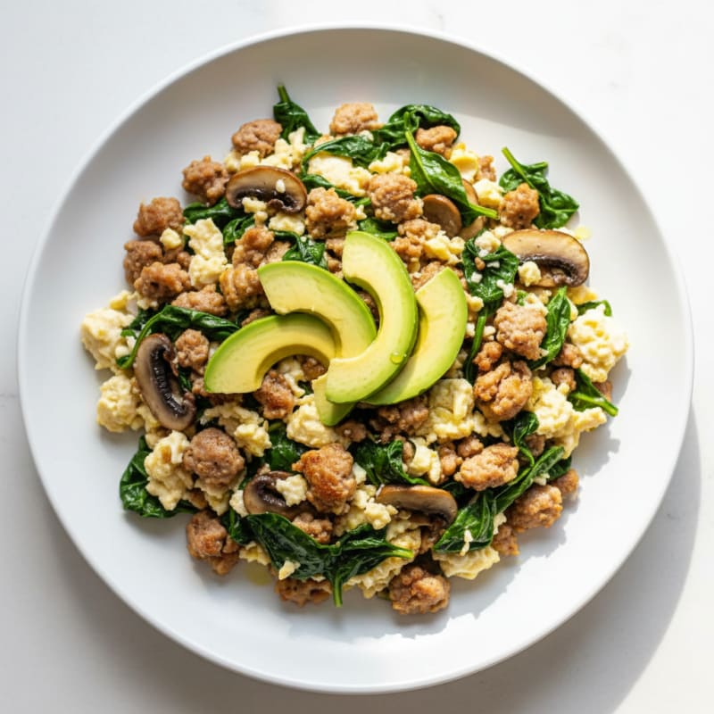 Egg White and Turkey Sausage Scramble with Spinach and Mushrooms