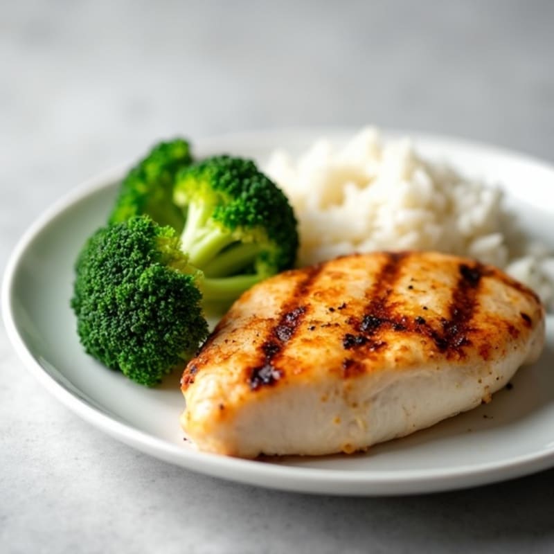 Grilled Chicken Breast with Steamed Rice and Broccoli