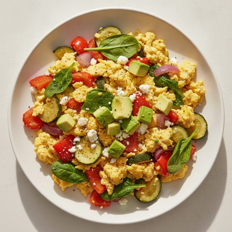 Hearty Scrambled Eggs with Roasted Vegetables