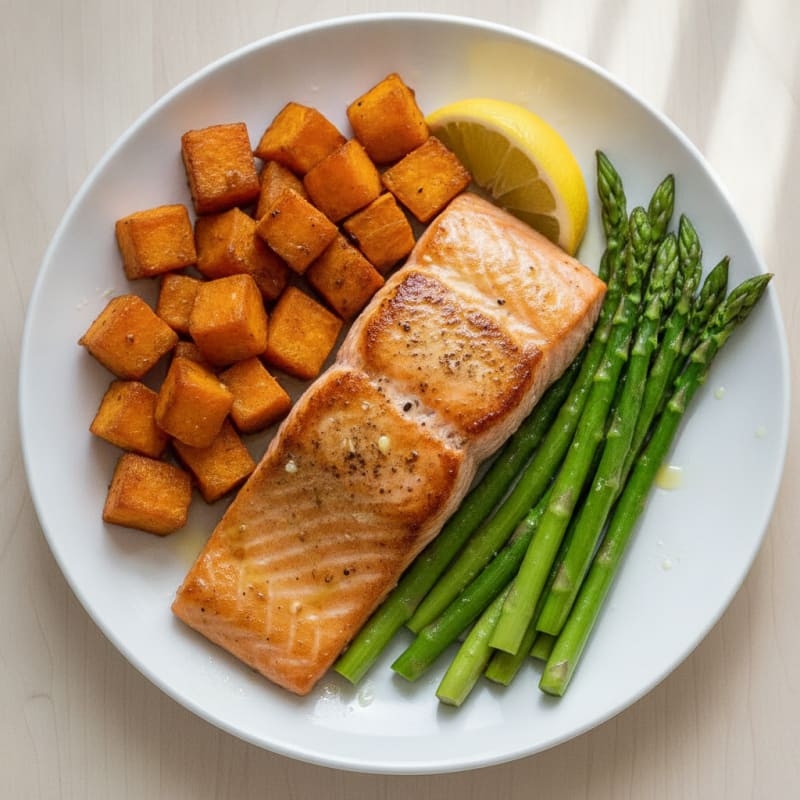 Seared Salmon Fillet with Roasted Sweet Potato and Asparagus