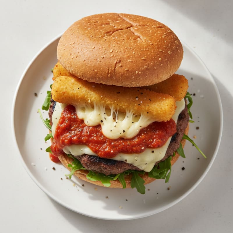 Mozzarella Stick Beef Burger with Marinara