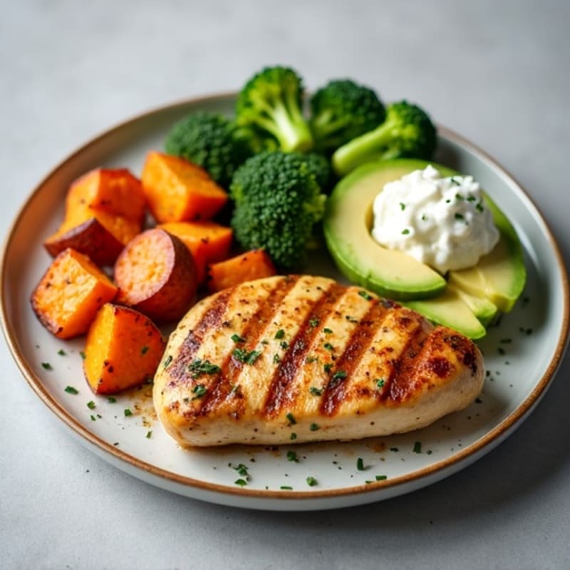 Grilled Chicken with Roasted Sweet Potatoes, Broccoli, Avocado, and Cottage Cheese
