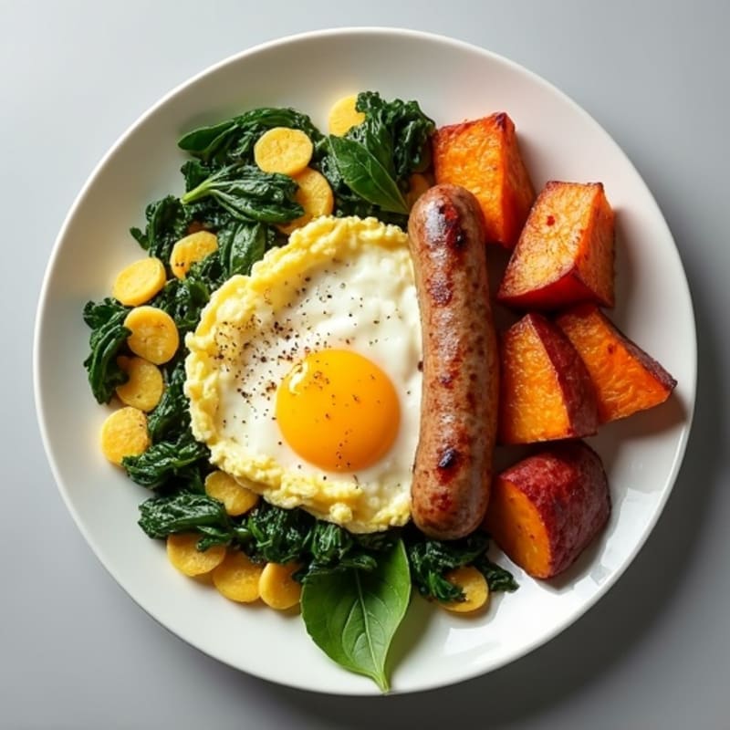 Egg White Spinach Scramble with Turkey Sausage and Roasted Sweet Potatoes