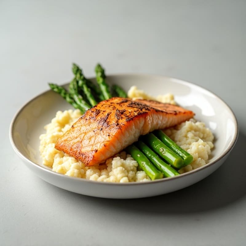 Seared Salmon with Steamed Asparagus and Garlic Mashed Cauliflower