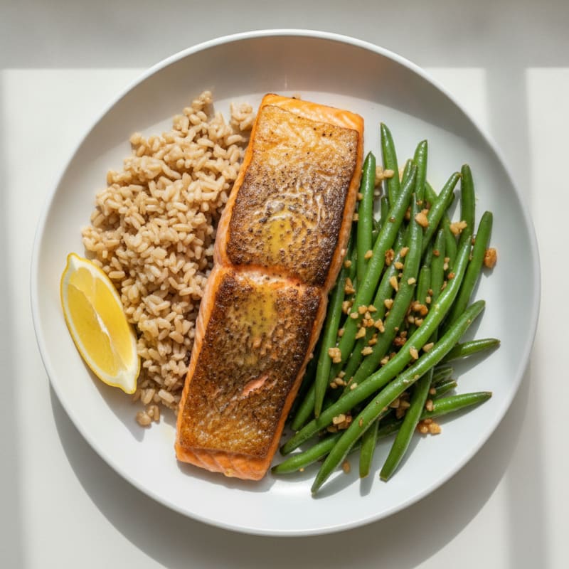 Pan-Seared Salmon with Garlic Green Beans and Brown Rice