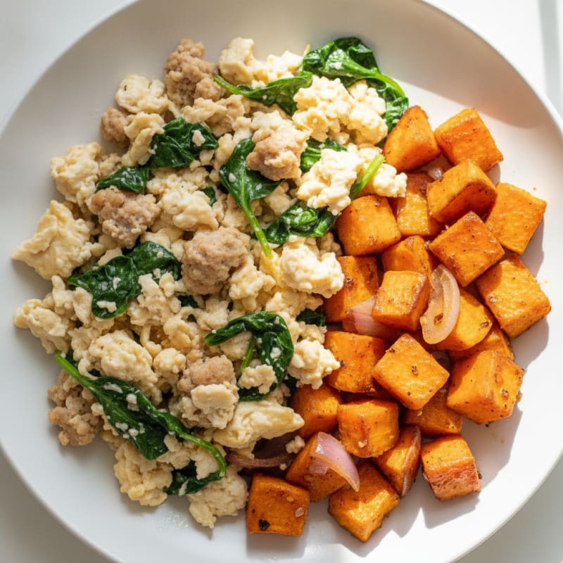 Egg White and Turkey Sausage Scramble with Spinach and Roasted Sweet Potato