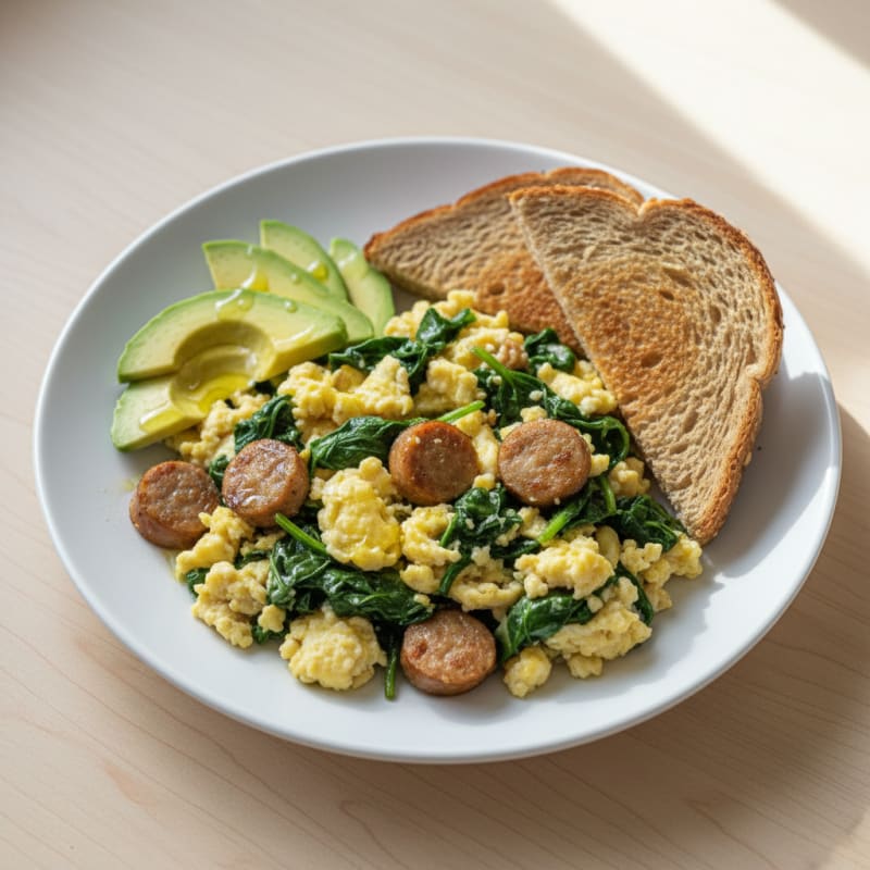 Egg White and Spinach Scramble with Turkey Sausage