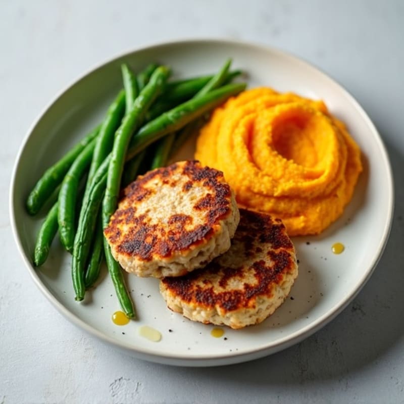 Seared Turkey Patties with Steamed Green Beans and Mashed Sweet Potato