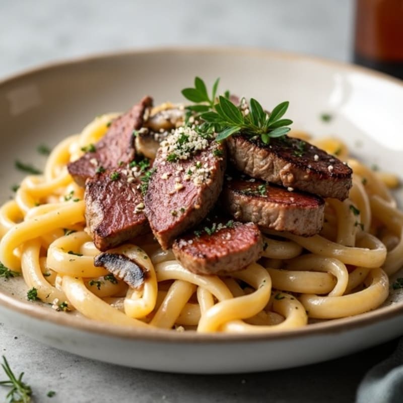 Seared Beef Strips with Creamy Mushroom Pasta