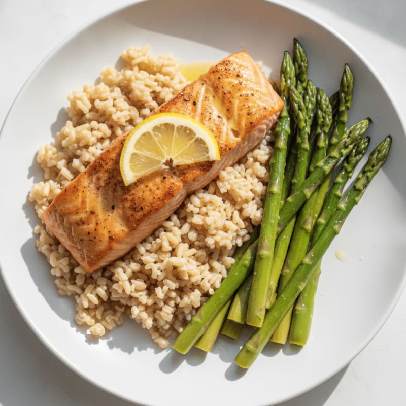Seared Salmon with Steamed Asparagus and Brown Rice