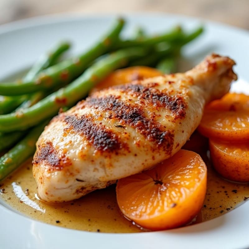 Roasted Chicken with Cinnamon-Spiced Sweet Potatoes and Crispy Green Beans