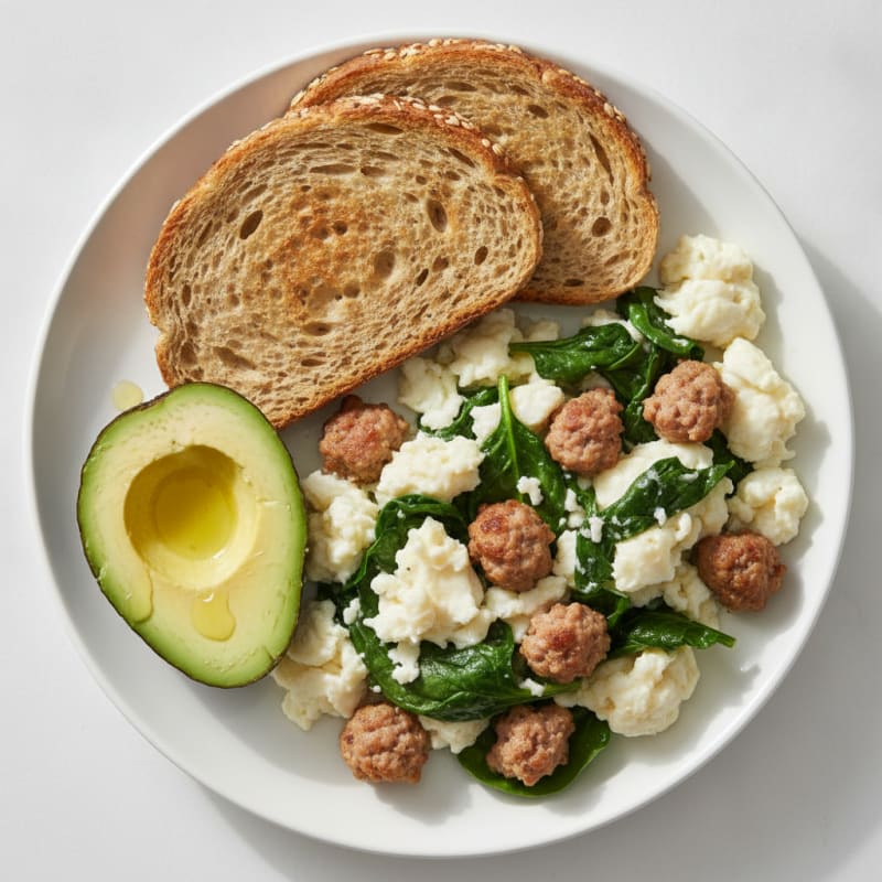 Egg White Spinach Scramble with Turkey Sausage