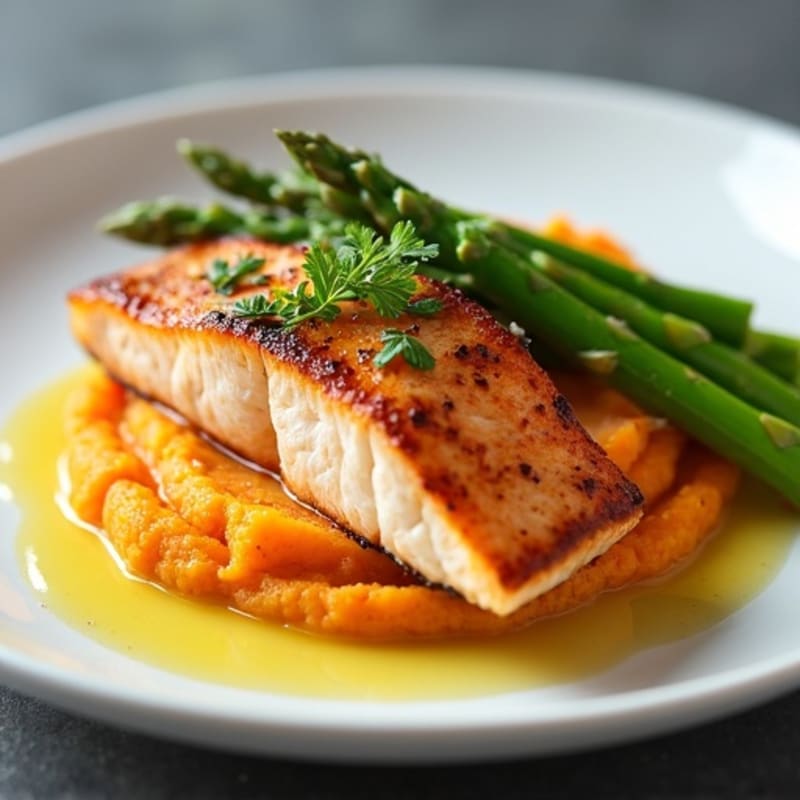 Seared Salmon with Steamed Asparagus and Sweet Potato Mash