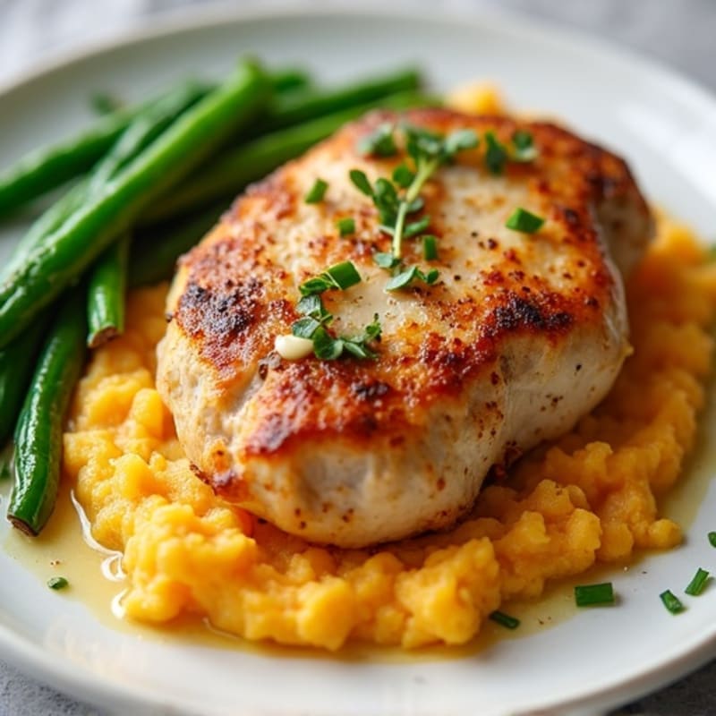 Pan-Seared Chicken with Creamy Mashed Sweet Potatoes and Roasted Green Beans