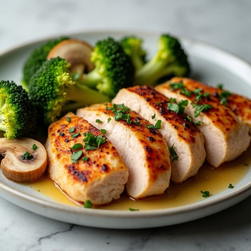 Seared Turkey Breast with Roasted Broccoli and Garlic Mushrooms