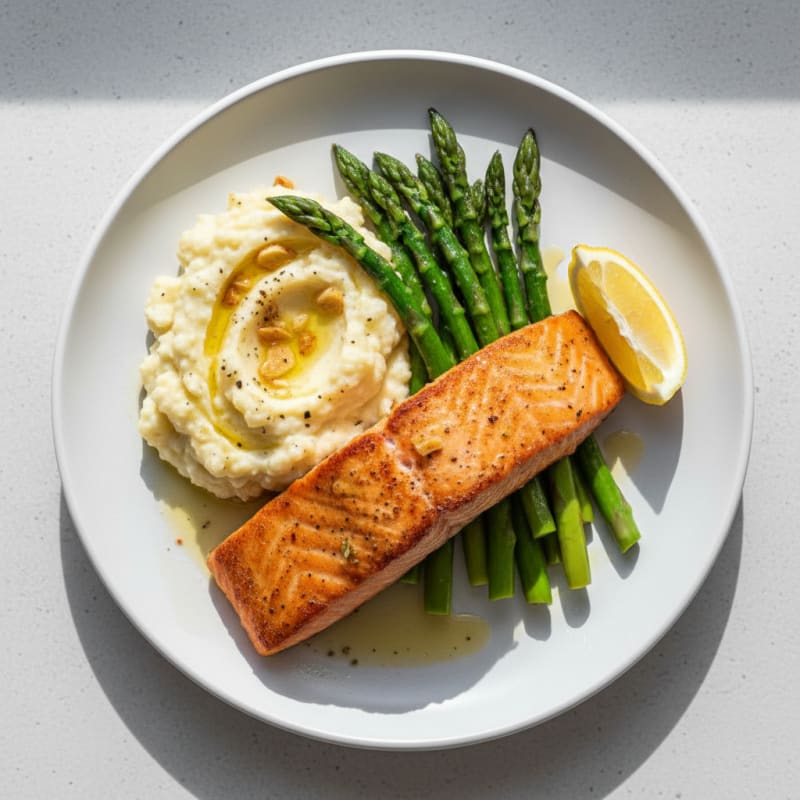 Seared Salmon Fillet with Steamed Asparagus and Garlic Mashed Cauliflower