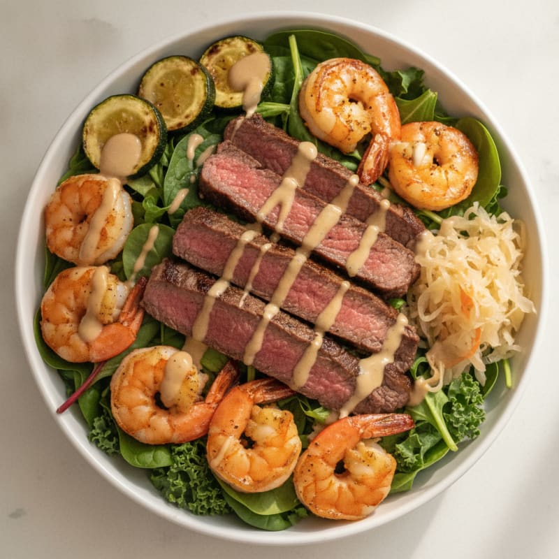 Seared Shrimp and Beef Bowl with Roasted Zucchini