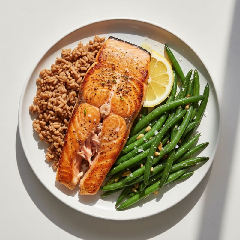 Seared Salmon with Garlic Green Beans and Brown Rice