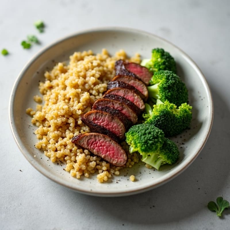 Seared Lean Beef with Roasted Broccoli and Quinoa