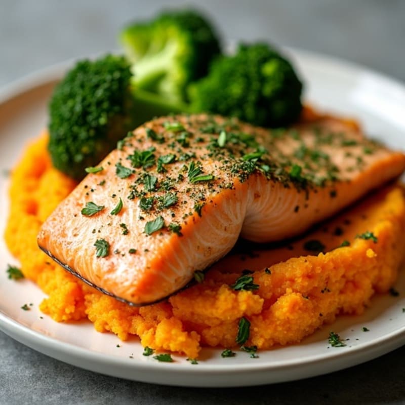 Herb-Crusted Baked Salmon with Roasted Broccoli and Sweet Potato Mash