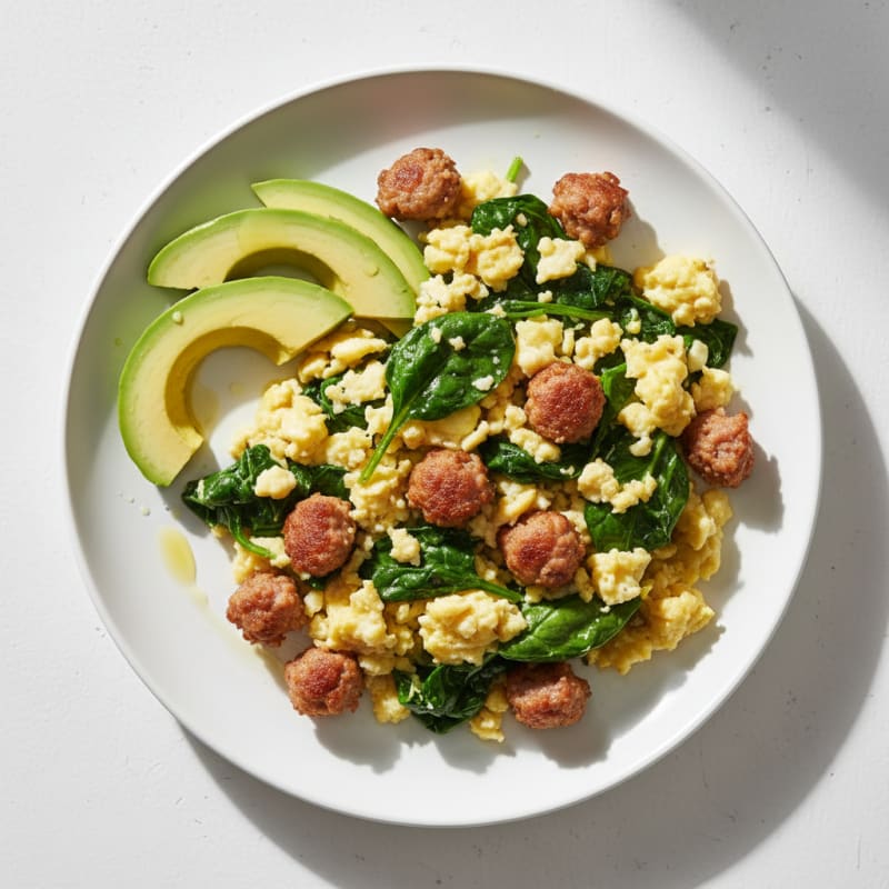 Egg White Spinach Scramble with Turkey Sausage