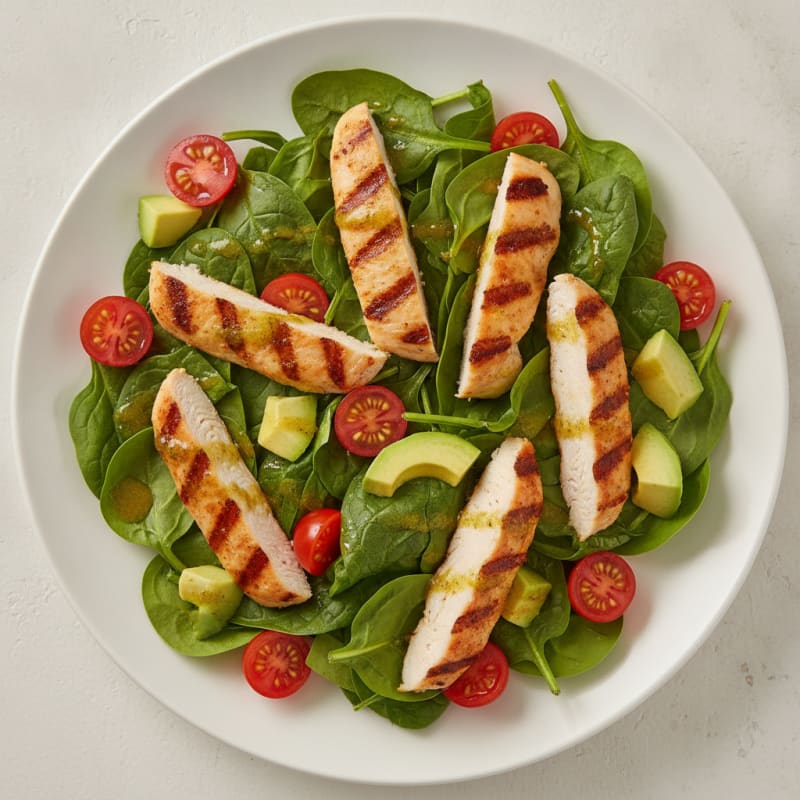 Grilled Chicken Spinach Salad with Cherry Tomatoes