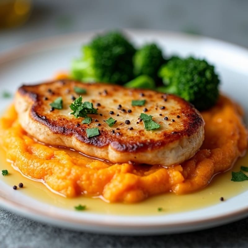 Pan-Seared Chicken with Fluffy Sweet Potato Mash and Crispy Broccolini