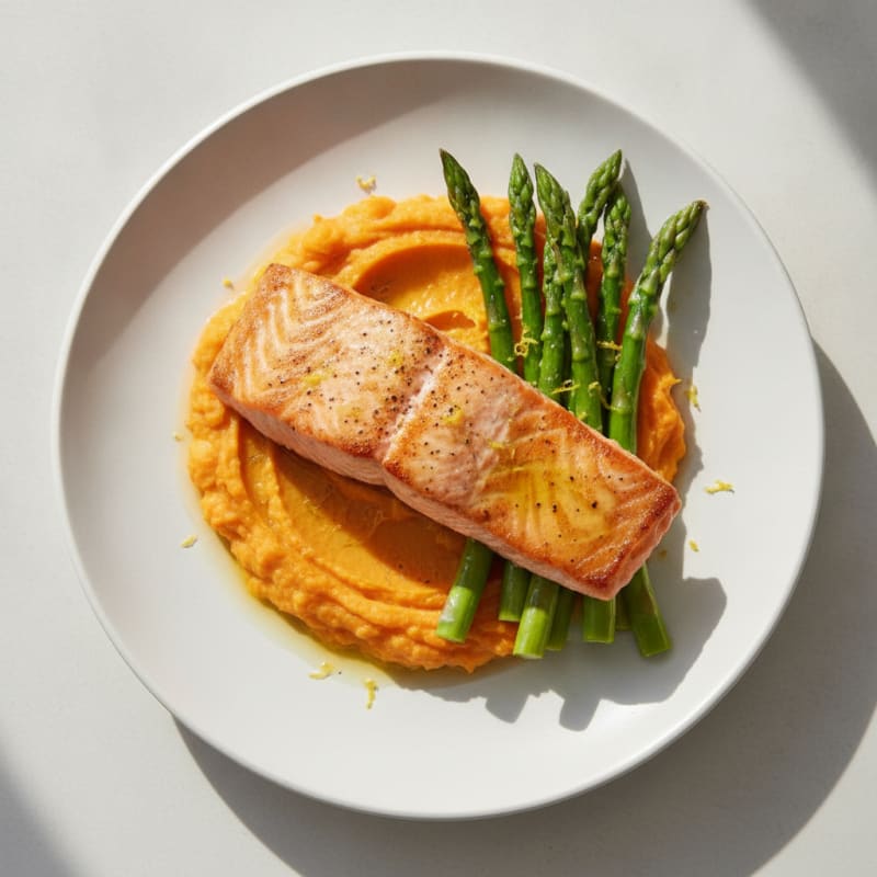 Seared Salmon with Steamed Asparagus and Sweet Potato Mash
