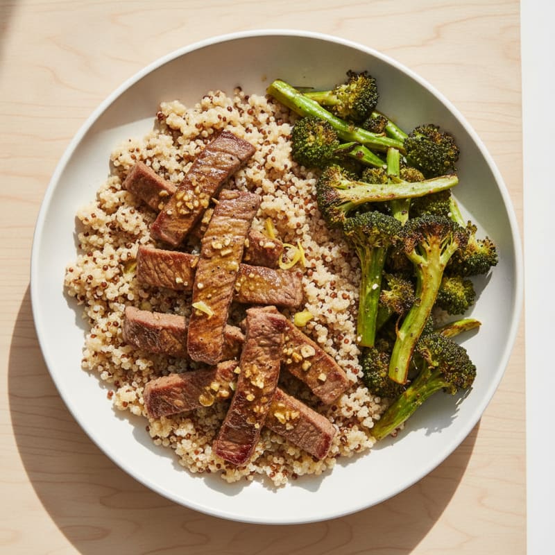 Seared Lean Beef Strips with Roasted Broccoli and Quinoa