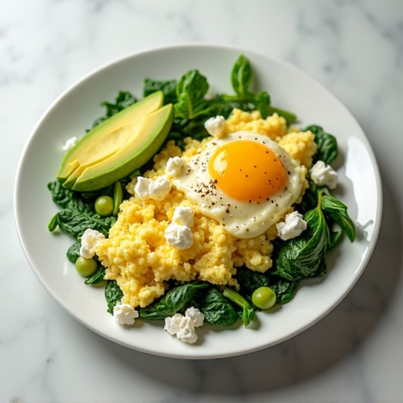 Egg White Spinach Scramble with Cottage Cheese and Sliced Avocado