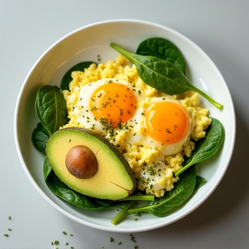 Creamy Scrambled Eggs with Fresh Spinach and Sliced Avocado