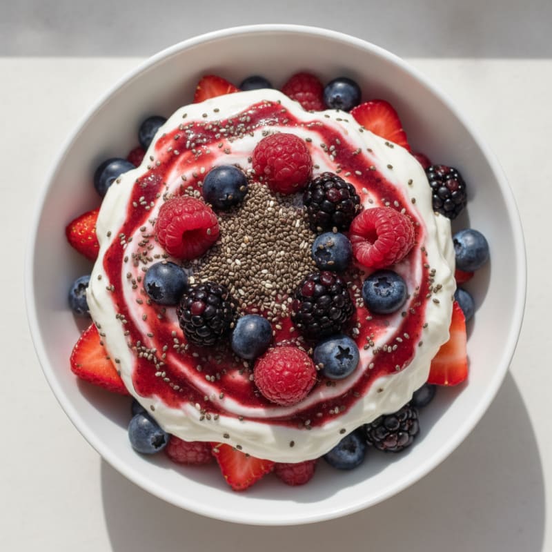 High-Protein Greek Yogurt Parfait with Mixed Berries and Chia Seeds