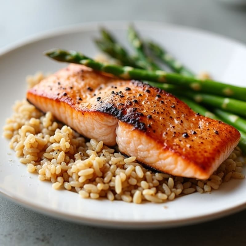 Seared Salmon Fillet with Roasted Asparagus and Brown Rice