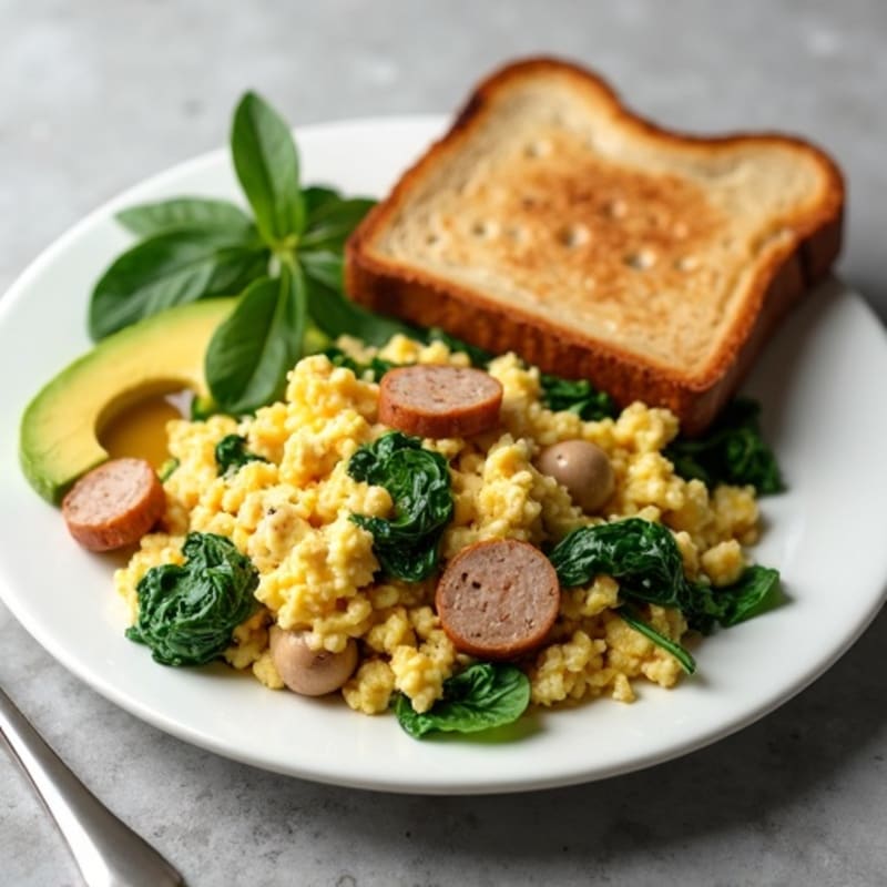 Egg White and Turkey Sausage Scramble with Spinach, Mushrooms, Avocado & Toast