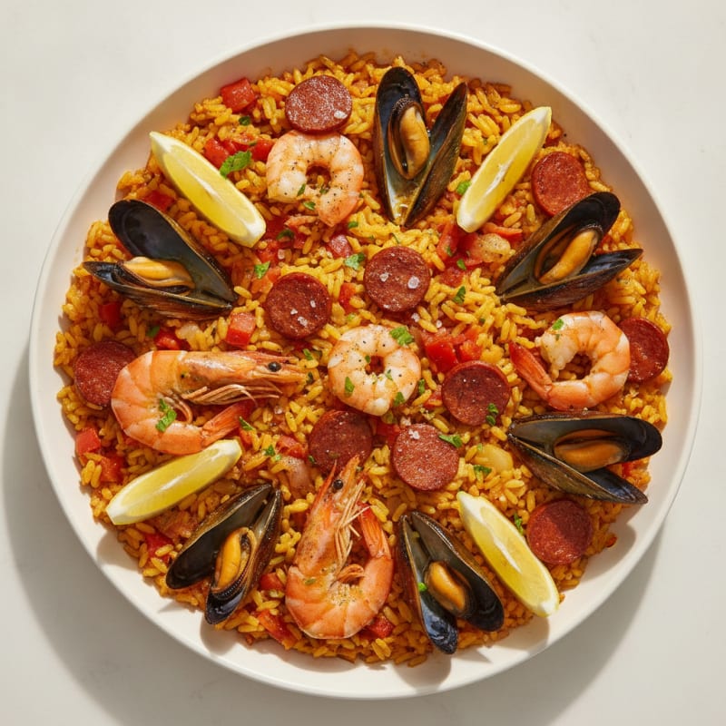 Saffron Seafood Paella with Chorizo