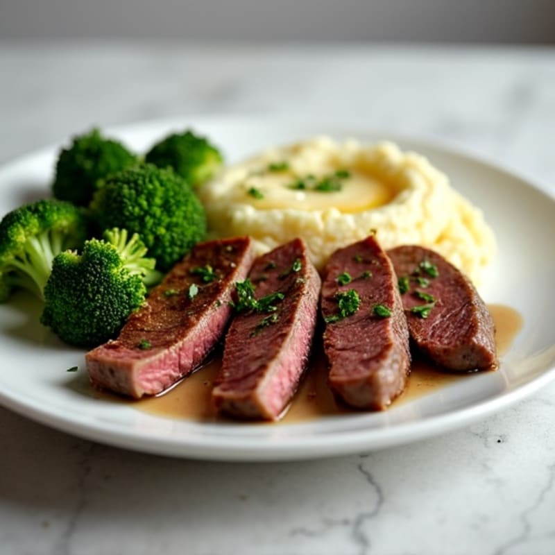 Seared Steak Strips with Garlic Mashed Potatoes and Steamed Broccoli