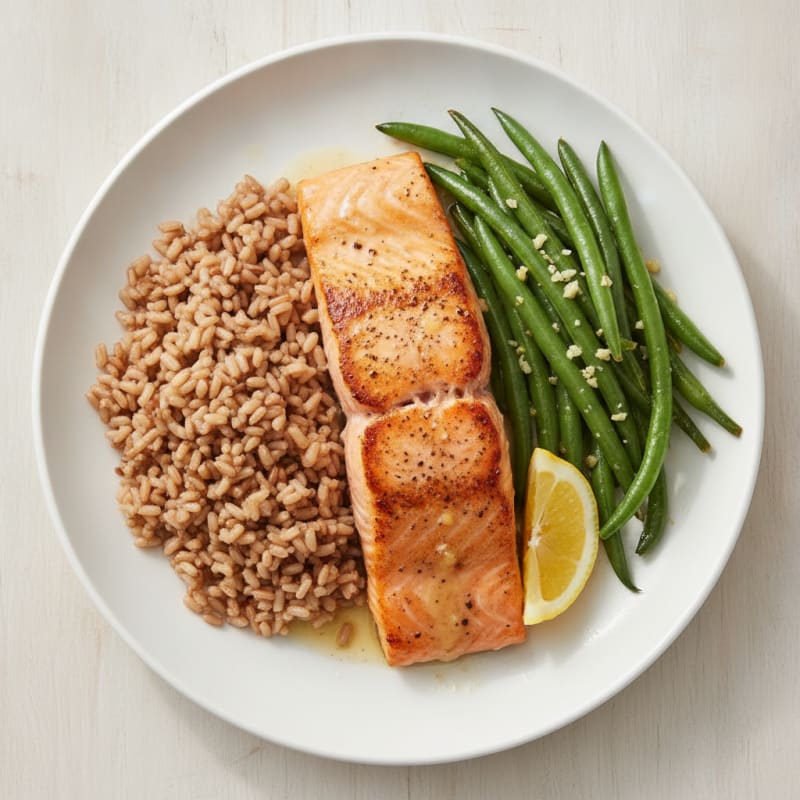 Seared Salmon Fillet with Garlic Green Beans and Brown Rice