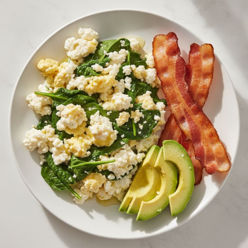 Cottage Cheese Scramble with Spinach and Turkey Bacon