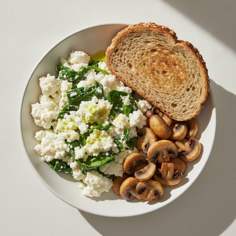 Egg White Spinach Scramble with Cottage Cheese and Sautéed Mushrooms