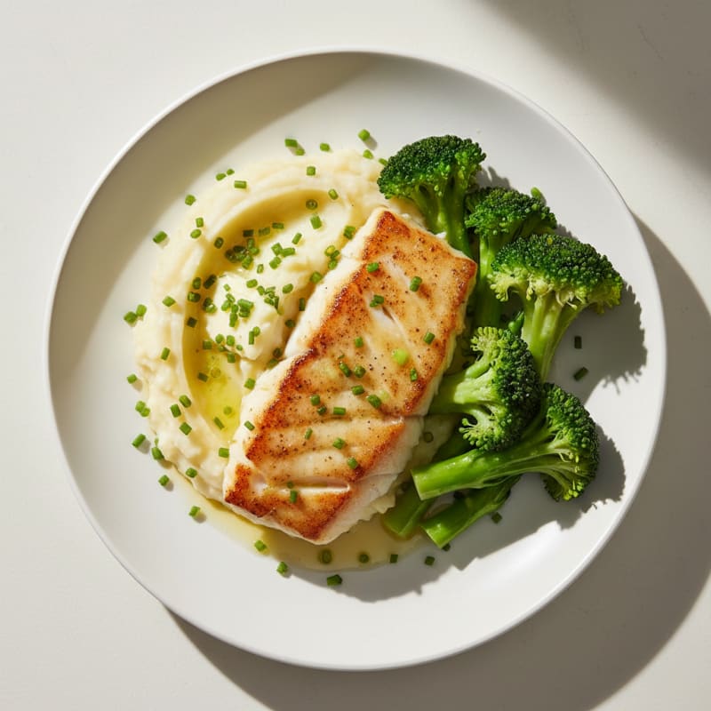 Pan-Seared Fish with Steamed Vegetables and Herbed Potato Mash