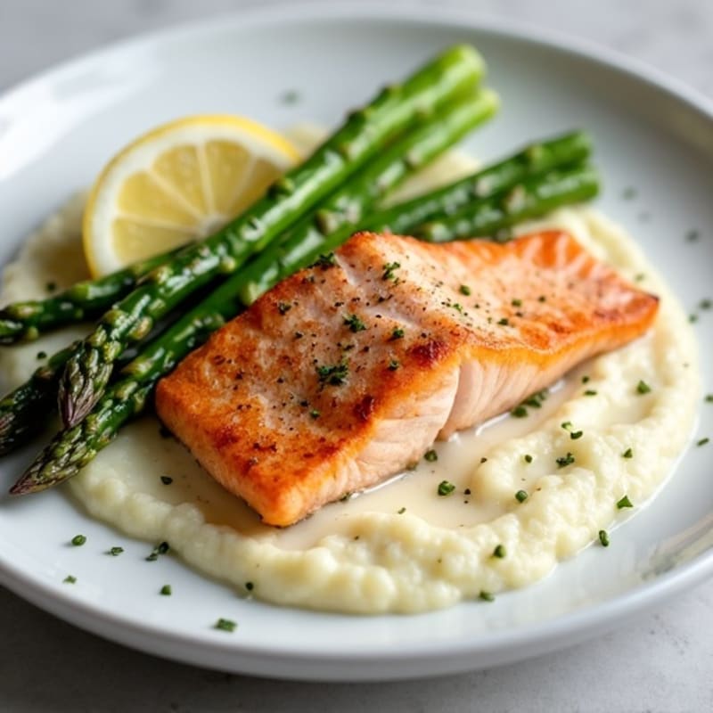 Seared Salmon with Steamed Asparagus and Cauliflower Mash