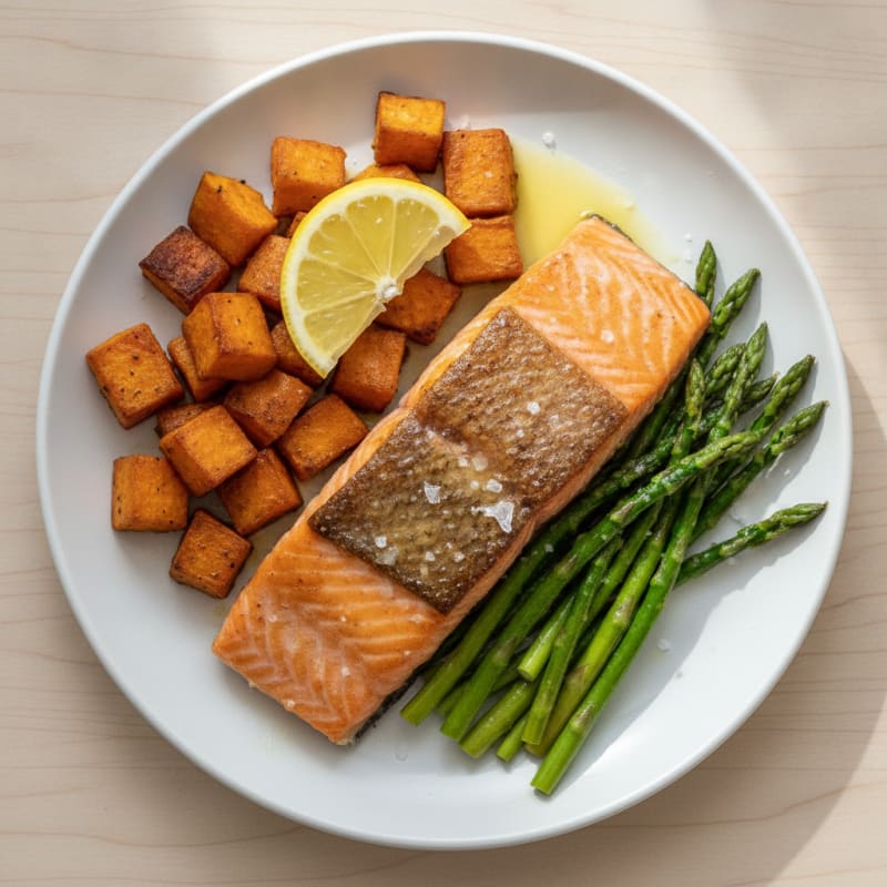 Seared Salmon with Roasted Sweet Potato and Asparagus