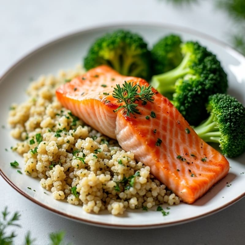 Seared Salmon with Steamed Broccoli and Herb Quinoa