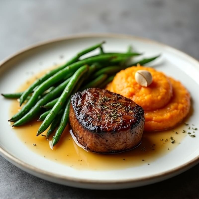 Seared Steak with Garlic Green Beans and Sweet Potato Mash