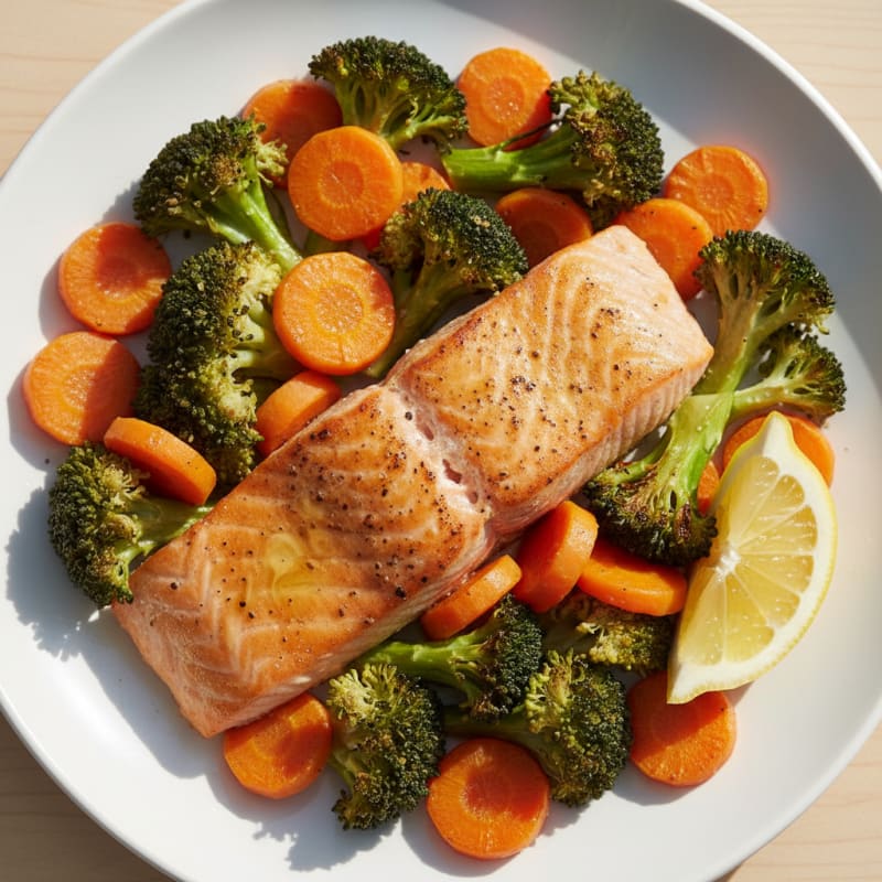 Seared Salmon with Roasted Broccoli and Carrots