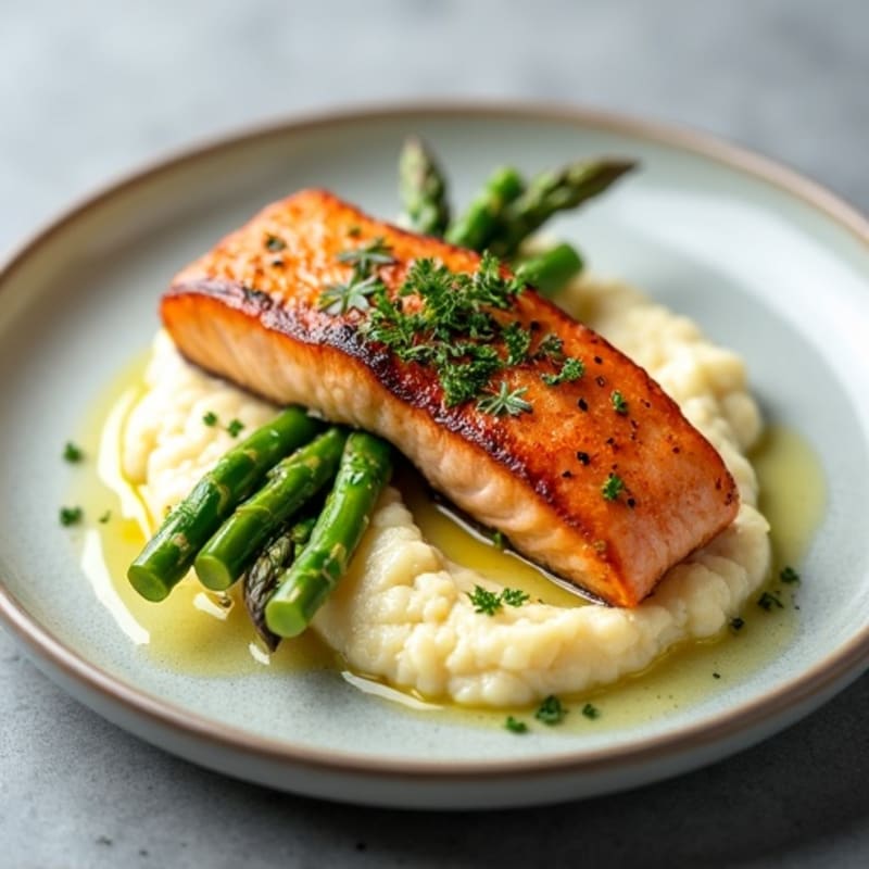 Seared Salmon with Steamed Asparagus and Cauliflower Mash
