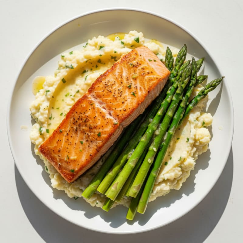 Seared Salmon with Steamed Asparagus and Garlic Mashed Cauliflower