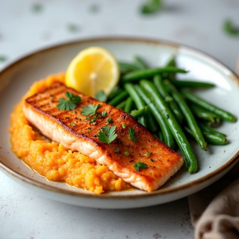 Seared Salmon Filet with Lemon Garlic Green Beans and Sweet Potato Mash