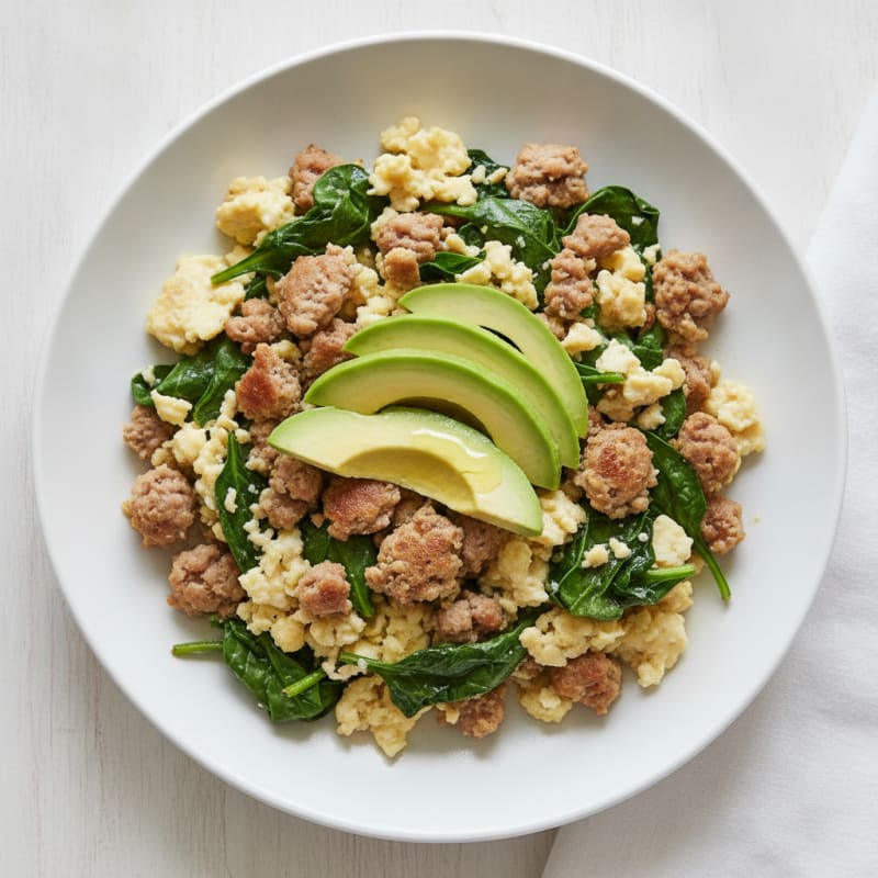 Egg White Scramble with Turkey Sausage and Sautéed Spinach